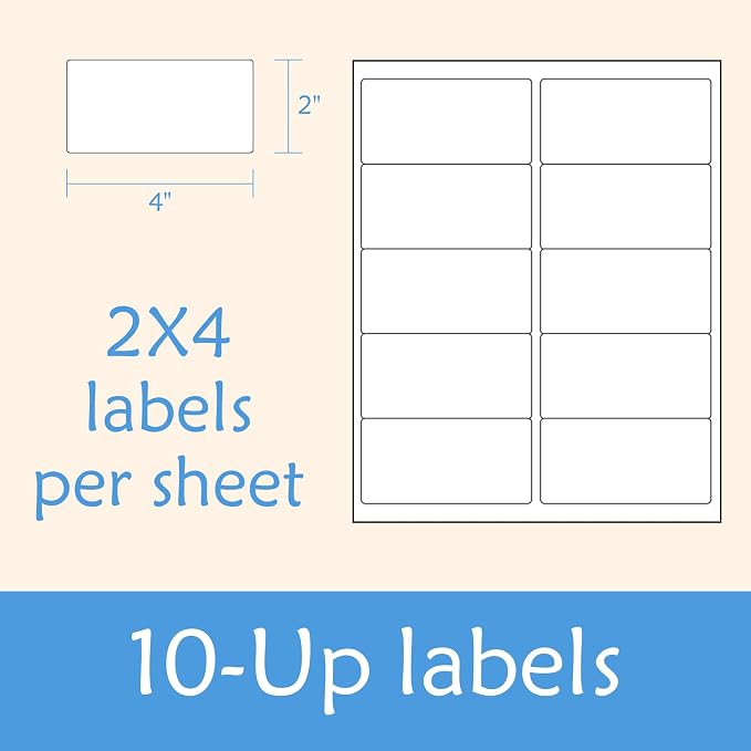2” x 4” Shipping Labels 2000 Address Labels Printable, White Sticker Label Sheets for Laser Inkjet Printers (10 Labels/Sheet, 200 Sheets)