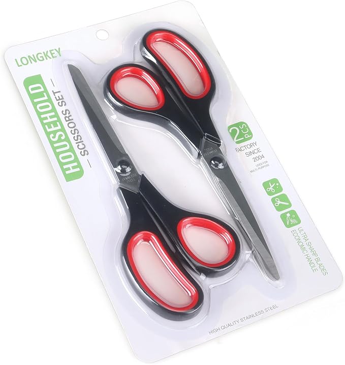 LONGKEY Scissors 8.5 Inch All Purpose with Stainless Steel Blades, 2 PCS | Scissors for Office Home School Art Crafts