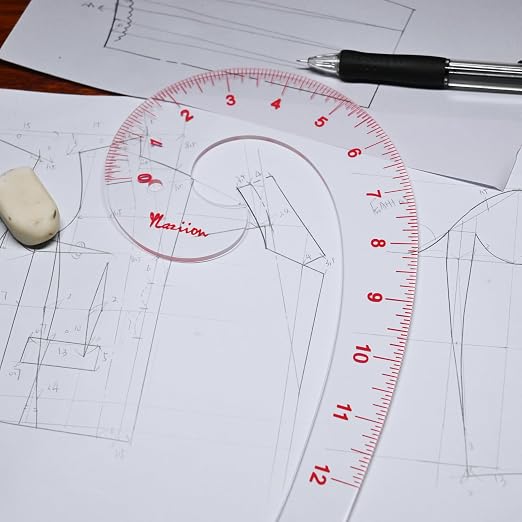 YLaziion 12inch 3mm Acrylic French Curve Ruler for Pattern Making- Clear Comma Shape Pattern Drafting Tool with Enlarged Scales | Non-Yellowing, Vary Form Curve for Sewing & Fashion Design & Quilting