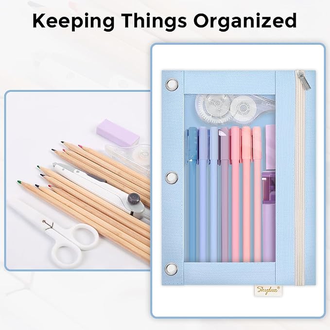 SKYDUE Pencil Pouch for 3 Ring Binder, Zipper Pencil Pouches for Girls Boys, Clear Window Pencil Bag, 3 Ring Pencil Pouch Case for Binder, Durable Organizer for School Supplies