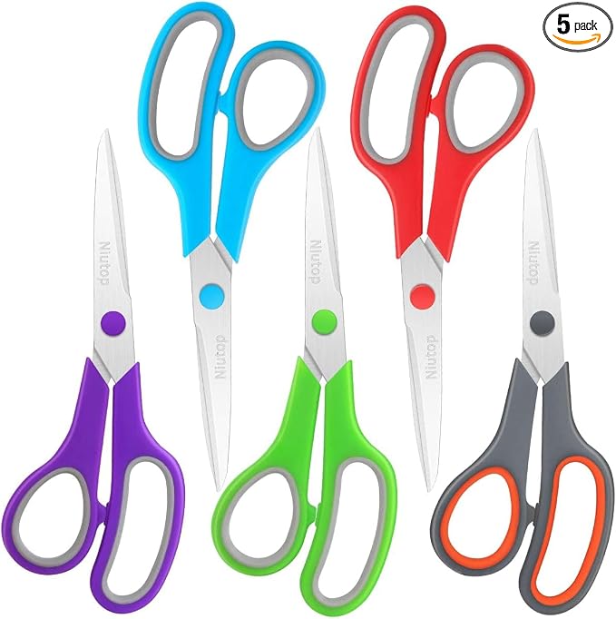 Scissors Bulk Set of 5-Pack, Niutop 8" Multipurpose Sharp Sewing Craft Fabric Scissors for Office Home High/Middle School Student Office Teacher Art Supplies, Soft Comfort-Grip Right/Left Handles
