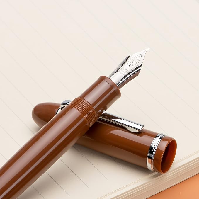 Jinhao X159 Brown Acrylic Fountain Pen, Size 8 Fine Nib Silver Trim Classic Design Smooth Writing Pen with Converter
