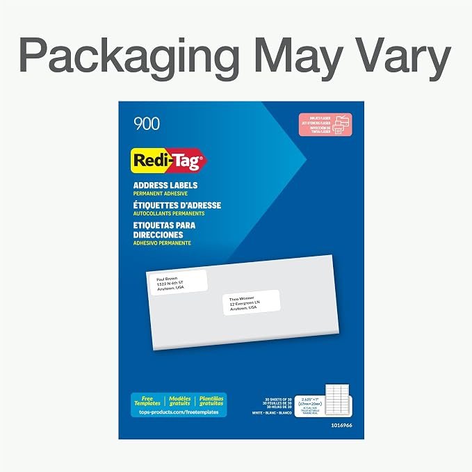 Redi-Tag 1" x 2.63" Address Labels, 900 per Pack, White, Laser and Inkjet Printer Labels, 1" x2-5/8, Self-Adhesive, Permanent Stick, Smudge-Resistant, Perfect for Mailing, Office, and Home Use