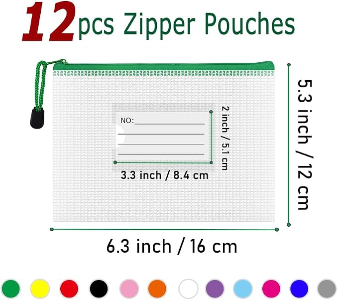 Plastic Mesh Zipper Pouch, 12Pcs Zipper File Bags with Label Pocket, Game Boards Storage Bags, Waterproof Document Storage Bags for Office Home Travel Cosmetic (A6 Size 6.3x4.7 in)