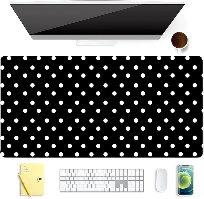White Polka Dot Leather Desk Mat Extended Gaming Mouse Pad | Non-slip Large Writing Pad Laptop Blotter Computer Keyboard Mat | Cute Black Desk Protector for Home Office 27.6" x 13.8"