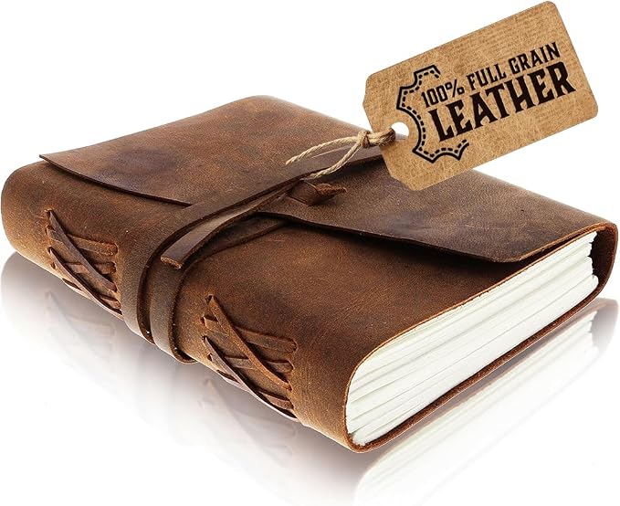 Leather Journal Writing Notebook, Vintage Handmade Bound Notepad for Men Women - Write in Plain Thick Paper, 7x5 Inch Small Blank Pages, MOONSTER® Drawing Sketchbook, Travel Diary, Unlined Note Book