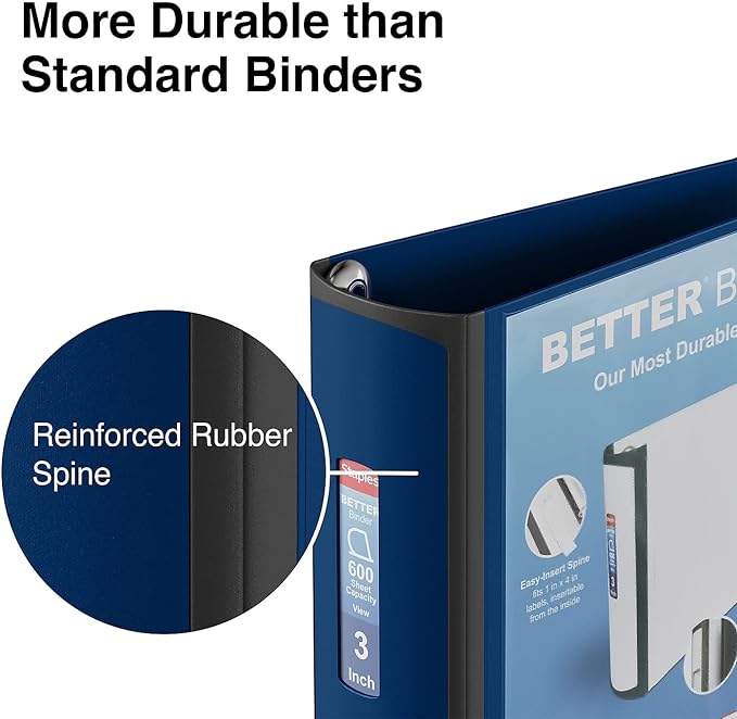 Staples Better Binder, 3" D‑Ring 3‑Ring Binder, Blue, Reinforced Rubber Spine, Heavy‑Duty Design, Holds up to 600 Sheets for School & Office