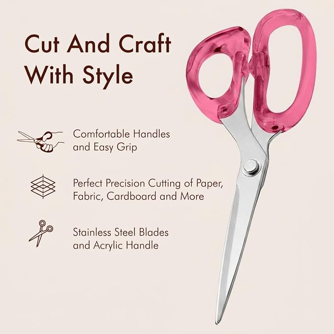 OfficeGoods 9” Stainless Steel Acrylic Scissors for Office and Home - Aesthetic and Sharp All Purpose Scissors, Perfect for Sewing, Arts and Crafts - Pink Silver Metal
