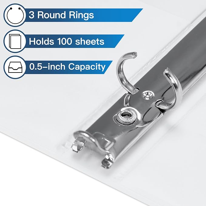 SUIN 1/2-Inch 3 Ring Binders with 2 Interior Pockets, Basic 0.5'' Binders Holds 100 Sheets Letter Size, Office School Home, 6 Pack