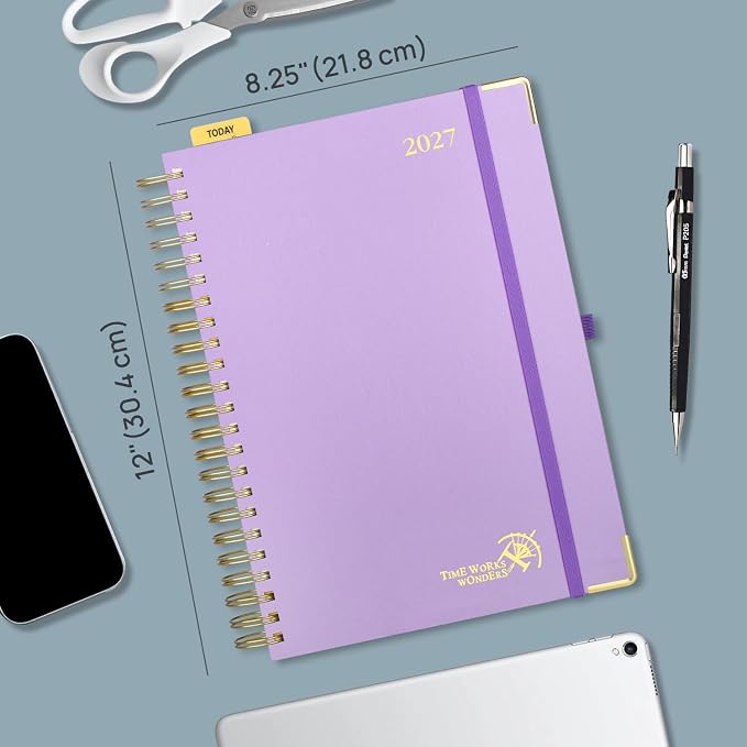 POPRUN 2027 Daily Planner One Page Per Day, Large 8.5" x 12", Calendar Book from Jan 2027 - Dec 2027, Hardcover Appointment Book with Hourly Time Slots, Spiral Bound, Monthly Tabs - Navy Blue