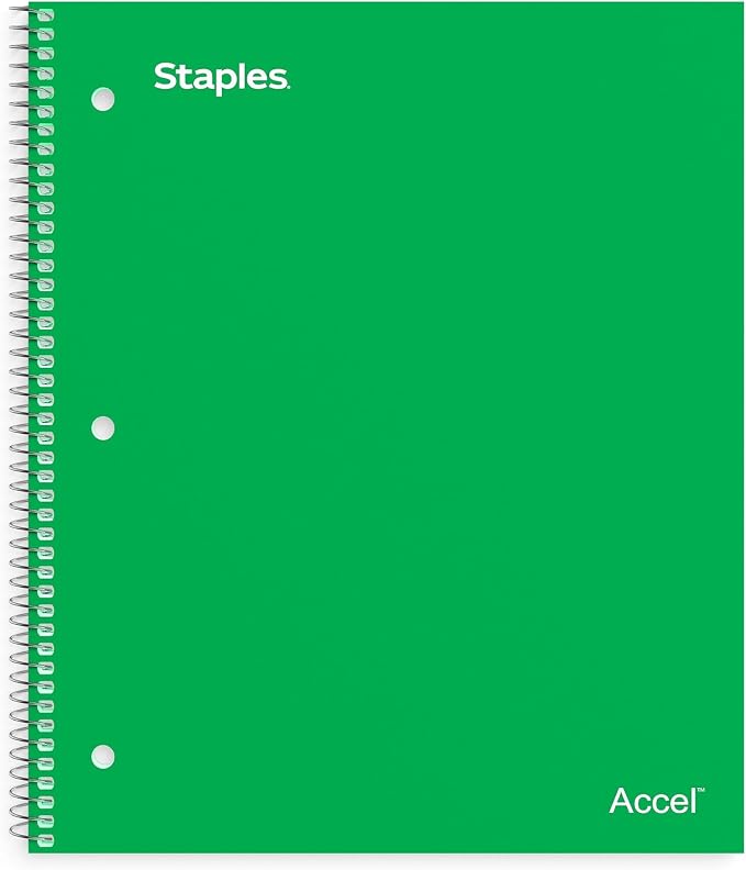 STAPLES Premium 1‑Subject Notebook, 8.5” x 11”, College Ruled, 100 Sheets, Green, 3‑Pack