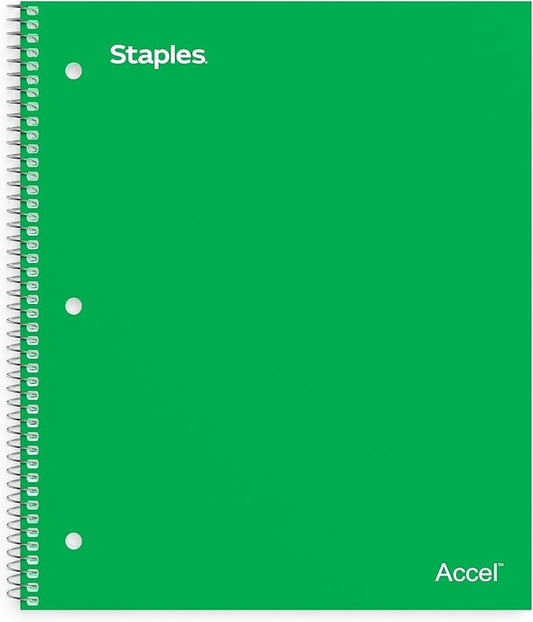 STAPLES Premium 1‑Subject Notebook, 8.5” x 11”, College Ruled, 100 Sheets, Green, 3‑Pack