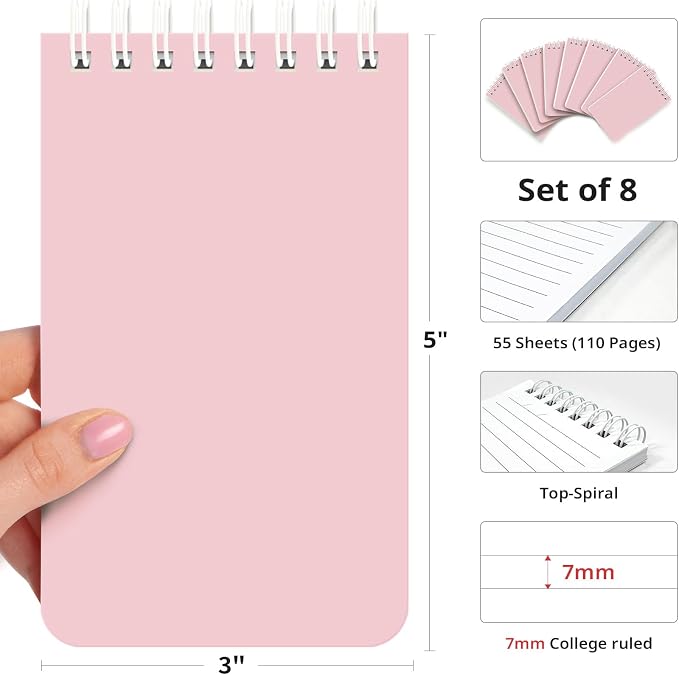 Taja Set of 8 Mini Pocket Notebook Top Spiral Nursing Notepads | Pink 3" x 5", Mini Little Spiral Notebook, Nursing Notepad, Perfect for Work, School, Office, Nurse, Travel