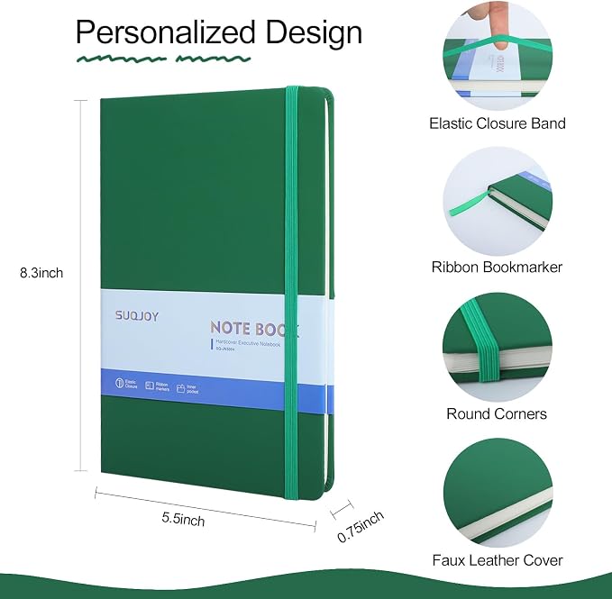 SUQJOY Lined Journal Notebooks, 6 Pack 160 Pages, 5.5x 8.2-Inch Journals for Women Men, Hardcover Notebook with 100 gsm Thick Paper, A5 Size College Ruled Notebook for Writing/Travel/Work (Green-6 Pack)