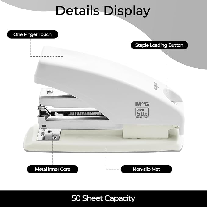 M&G Effortless Stapler for Desk, 50 Sheet Capacity, Heavy Duty Desktop Stapler with 1000 Staples & Staple Remover, One Finger Touch, Good for Office Home School, White