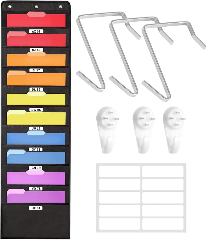 SUNEE 10 Pockets Hanging Wall File Organizer, Black Storage Pocket Chart for File Folder and Paper, Space Saver for Office and Classroom, with Wall Hangers, Over The Door Hooks, Labels
