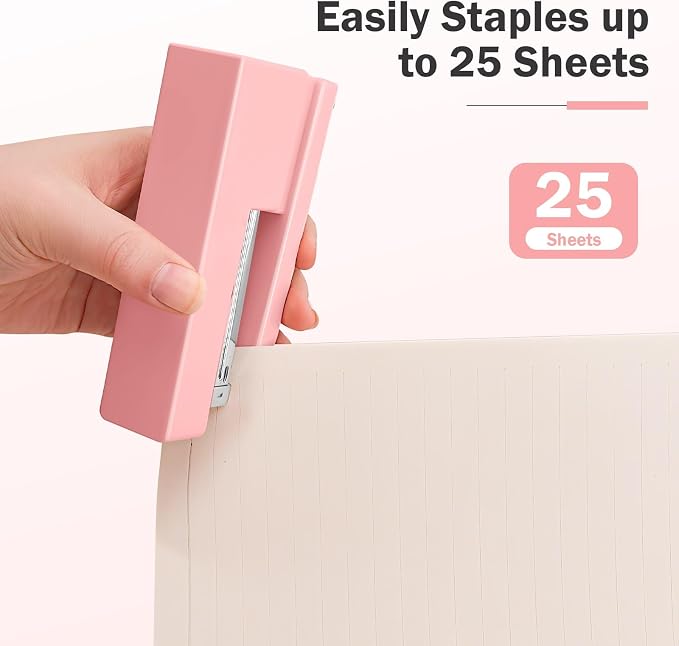 1 Desktop Stapler & 1 Tape Dispenser - 25 Sheet Capacity with 830 Staples and Staple Remover, Non-Slip for Office,School, Home & Classroom, Pink