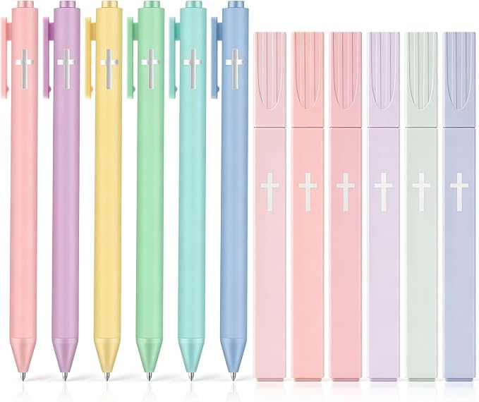 12 Pcs Cross Gel Pens and Highlighters Set 6 Gel Pens 0.5mm 6 No Bleed Highlighters Bible Study Pen and Highlighter for Journaling Church Supplies Christian Stationery (Black,Macaron)
