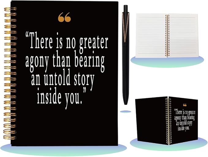 Notebook with Pen Set Maya Angelou "Untold Story", A5 Spiral Mental Health Journal for Women Men, 160 Pages College Ruled Writer Diary, Inspirational Recovery Gift, Black & Gold