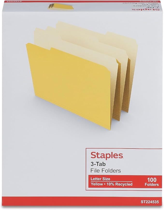 Staples File Folders, Letter Size, 1/3‑Cut Tabs, Yellow, Durable Paper Stock, 200/Carton