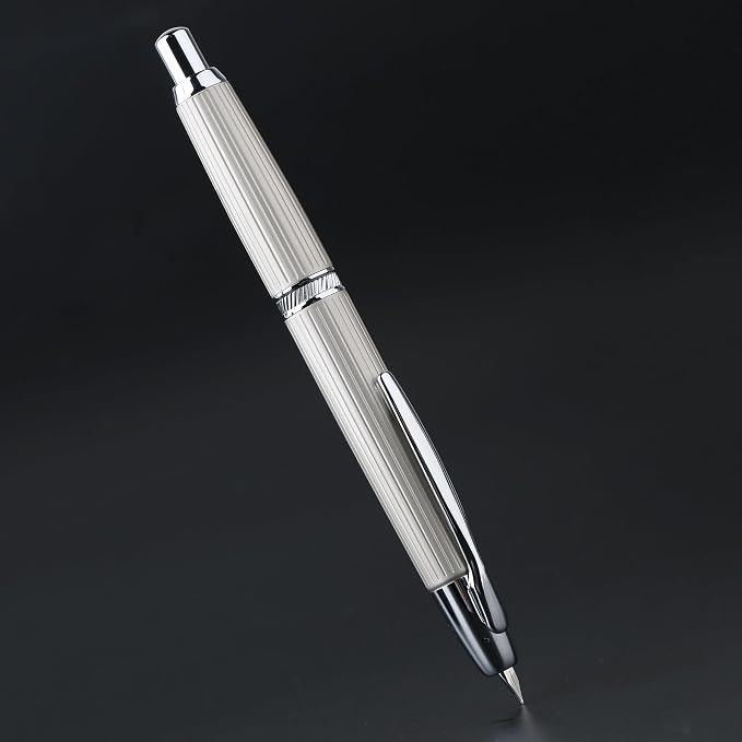 erofa Majohn A1 Retractable Fountain Pen with Box, Press Extra Fine Nib Metal White Stripe Ink Pen with Converter Writing Set (With Clip Version)