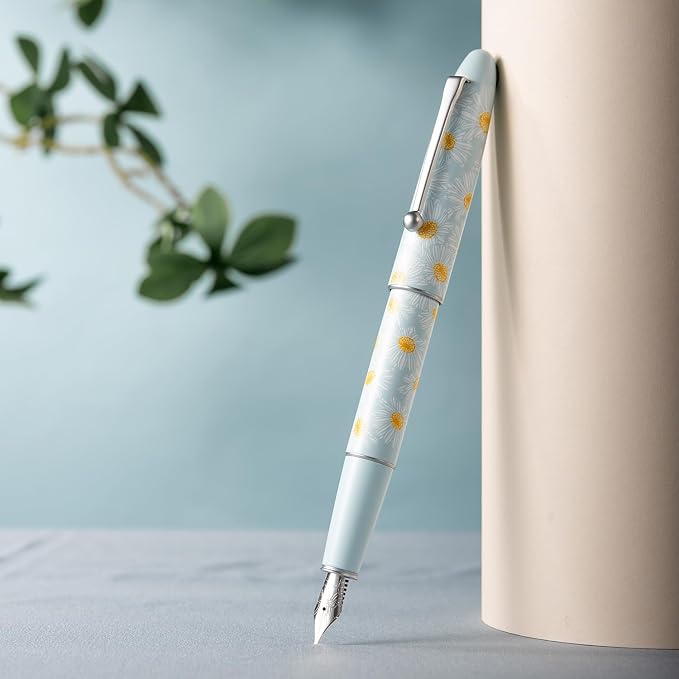 HONG DIAN C3 Fountain Pen, Iridium Fine Soft Nib Chinese Knot Carving, Light Blue & Little Daisy Painting Design with Metal Box Set