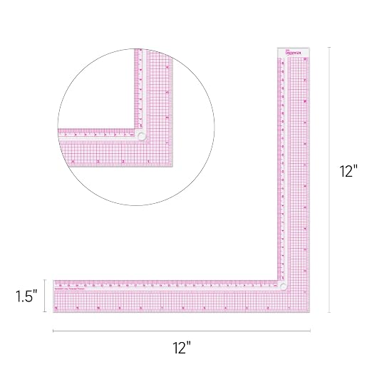 KEARING 12" Plastic L-Square Ruler - Clear Sewing Ruler for Pattern Making | Clear L-shaped right angle ruler for dressmaking and fashion design. Non-rub sandwich line scale for sewing patterns.