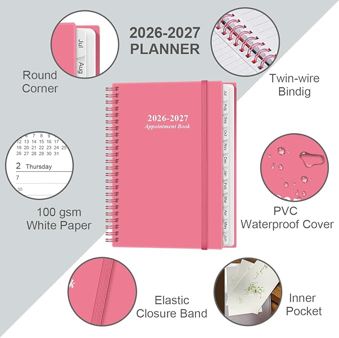 2026-2027 Appointment Book & Planner - Hourly Planner from July 2026 to June 2027, Weekly Appointment Book 2026-2027 with 30-Minute Interval, 6.4" x 8.5", Pink