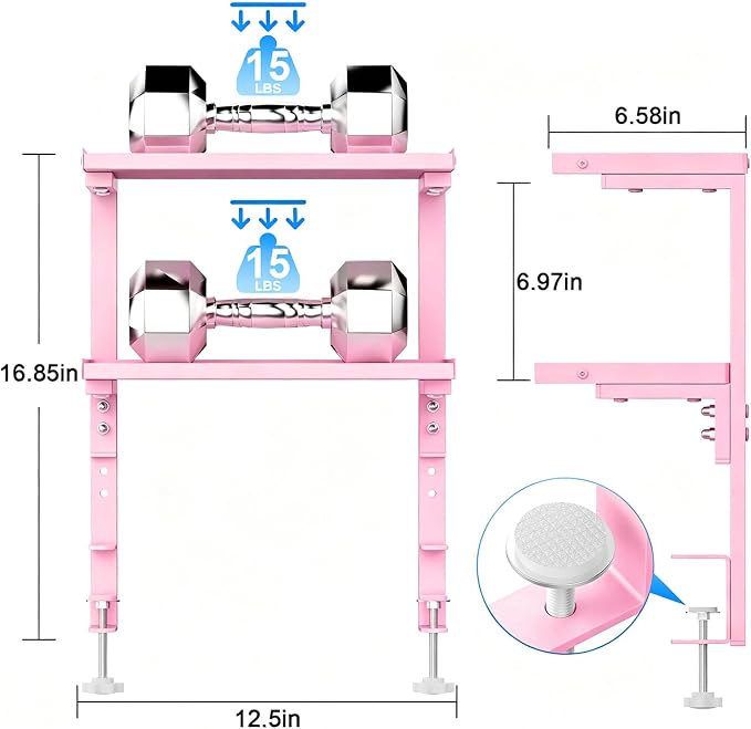 2-Tier Desk Shelf, Expandable Under Desk Storage, Clamp on Desk Shelf, Desktop Accessories for Offices, Study Rooms, and Game Rooms (Pink)