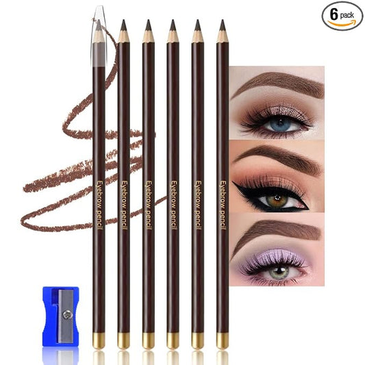 6Pcs Eyebrow Pencils for Women,Wooden Hard-Core Dark Brown Eyebrow and Eyeliner Pencil,Long Lasting Waterproof and Sweat-Proof,Beginner Makeup Brow Pencil,Create a Natural Eye Brow Makeup,Vegan
