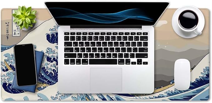 SSOIU Extended Gaming Mouse Pad (35.5x15.7 in), Large Stable Rubber Base Mousepad with Stitched Edges, Keyboard Mouse Mat Desk Pad for Work, Game, Office, Home - Great Wave Off Kanegawa