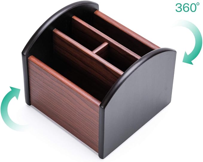 MaxGear Remote Control Holder Caddy, Wooden Desk Organizer, 4 Compartments | 360° Rotating Wooden Caddy; 4 Compartments for Remotes & Desk Supplies; Anti-Slip Base