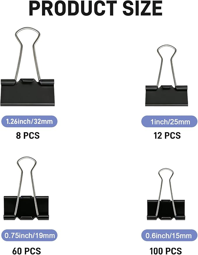 180 Pack All Black Binder Clips Bulk, 4 Size Assortment Includes Large, Medium, Small, Mini Metal Clips (1.26”, 1”, 0.75”, 0.6”), Heavy-Duty Metal Paper Clamps for Office & School Supplies