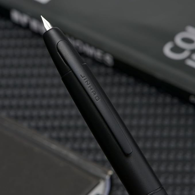 Jinhao 10 Press Fountain Pen with Box, Matte Black Retractable Medium Nib with Ink Converter Set (Clip Version)