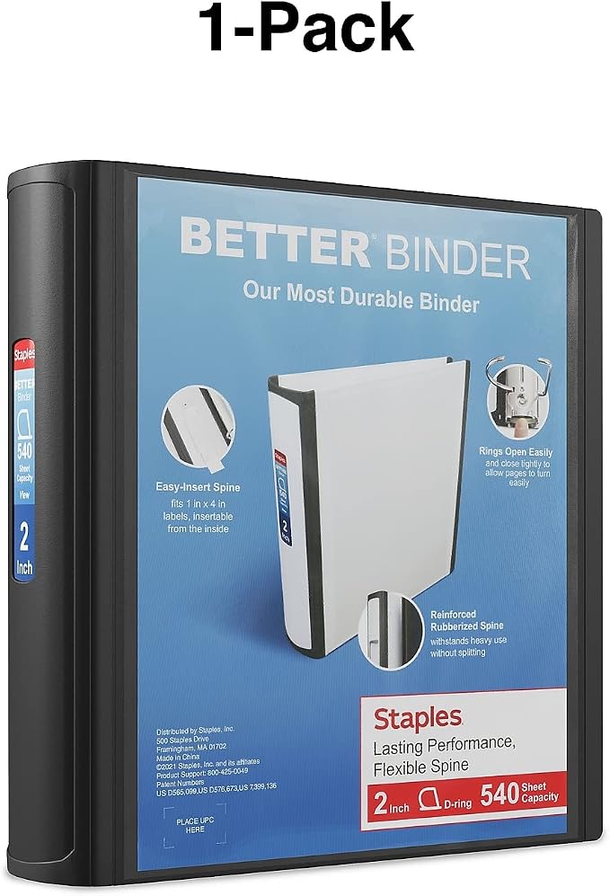 Staples 2-Inch 3-Ring Better Binder, Durable View Binder for Office & School Storage, Black, 2-Pack