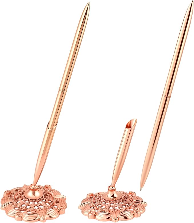 2 Pcs Gold Bridal Shower Pens for Guest Book with 360° Rotating Metal Pen Holder, Wedding Guest Book Signing Pen Set, Durable Metal Ballpoint Pens for Reception Table Decor
