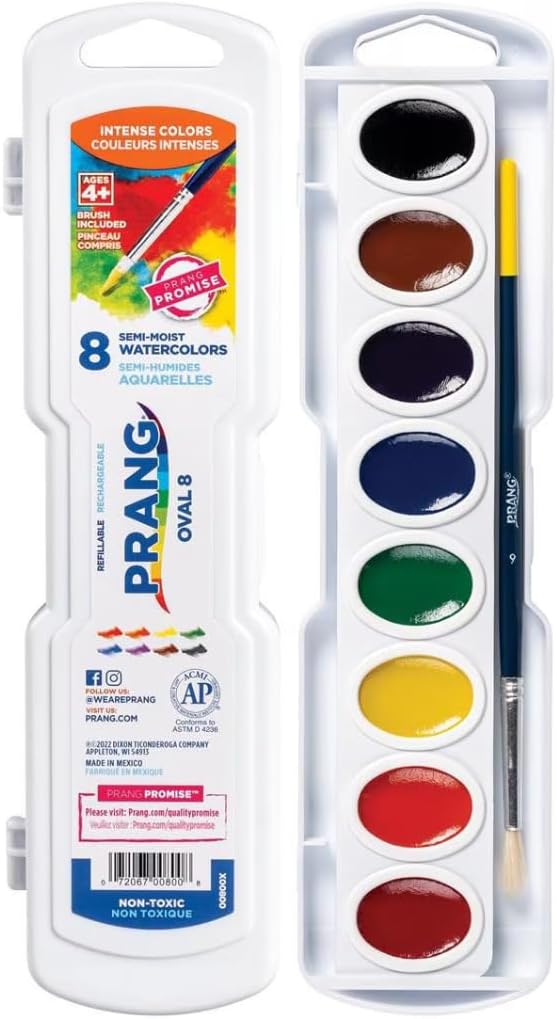 Prang Semi-Moist Watercolors 8-Color Oval Pan Set, Pack of 6 | Refillable, Wax-Free Pigments, Mixing Tray in Lid, Size 6 Paintbrush Included