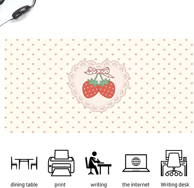 Strawberry Love Heart Leather Desk Mat Extended Gaming Mouse Pad | Non-slip Large Writing Pad Laptop Blotter Computer Keyboard Mat | Cute Desk Protector for Home Office 23.6" x 11.8"