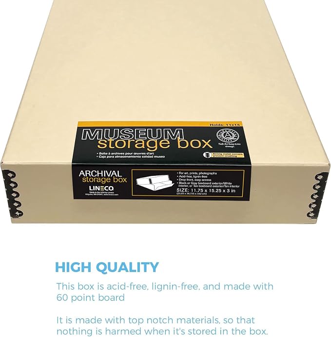 Lineco Museum Archival Storage Box, Drop Front, 11.75x15.25x3 in, Tan | Acid-Free with Metal Edge, Preserves Picture Longevity, Organize Photos, Newspapers, Prints, Documents, Crafts, DIY