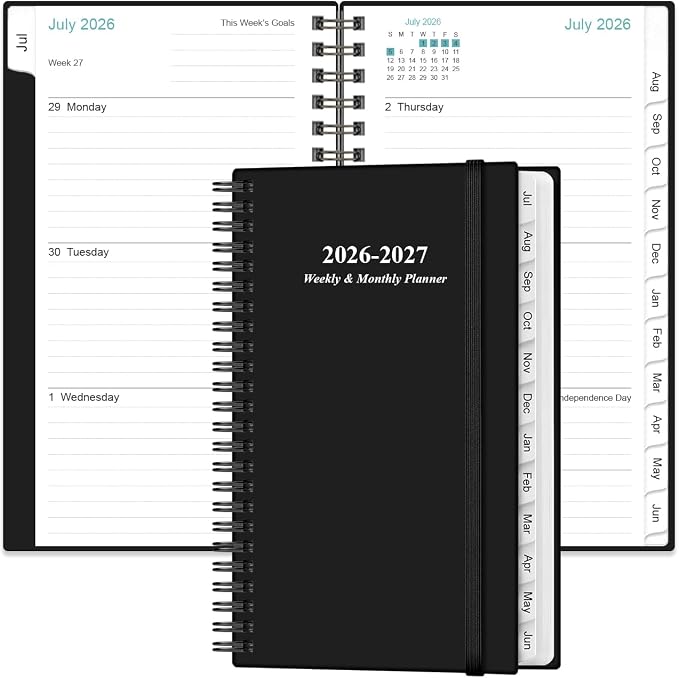 2026-2027 Pocket Planner/Calendar - 2026-2027 Planner from July 2026 - June 2027, Planner 26-27 with 12 Tabs, Twin-Wire Binding, Inner Pocket, 3.75" x 6.75, Black