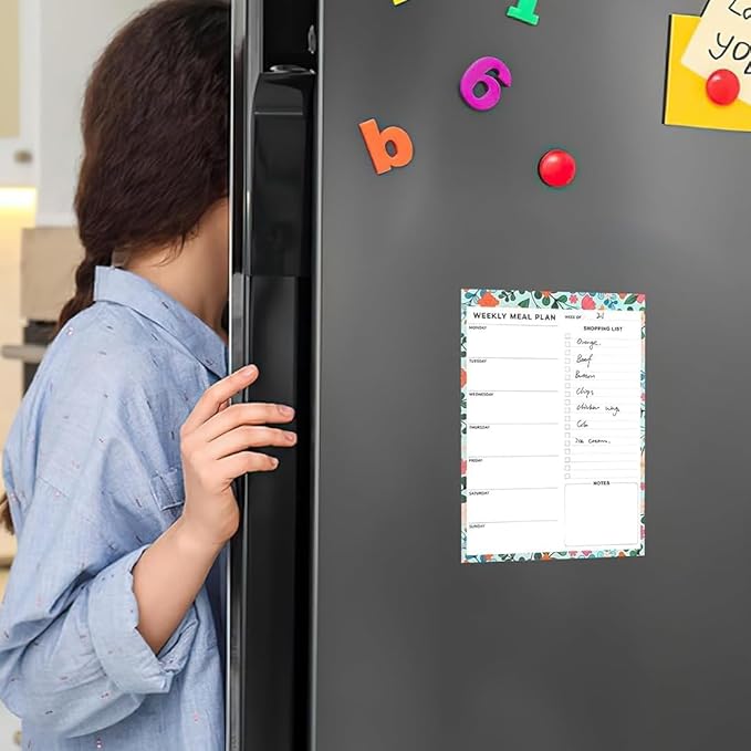Thboxes 60 Sheets Magnetic Weekly Meal Planner for Fridge, Grocery List Pad | Tear-Off Shopping List, 7 x 10 In, Flower Design, Full Backing Grip, for Meal Prep, Kitchen, Families, Parents, Home Office