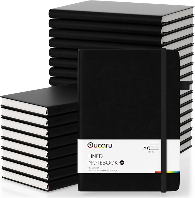 Oucaru Bulk 24 Pack A5 Lined Journal Notebook Set, 180 Pages 100 GSM Paper | Bulk 24 Pack Office Supply, 100 GSM Thick Paper No Ghosting, 180 Lined Pages, 180° Lay Flat, Pen Loop, Inner Pocket