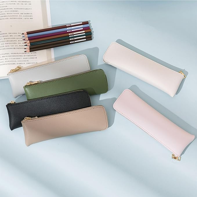 Faux Leather Pencil Case Slim Pencil Pouch Durable Zipper Stationery Bag Small Travel Use（Pink/FL）