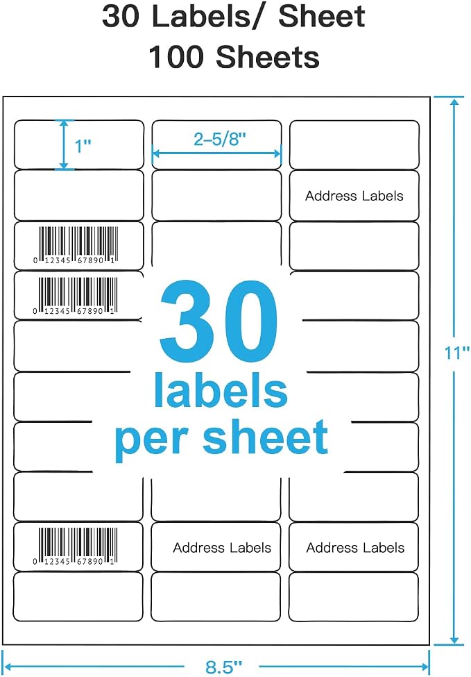 Shipping Address Labels, 1" x 2-5/8" Address Labels for Laser & Inkjet Printers, Mailing Labels, Strong Adhesive for FBA Label, Easy to Peel (100 Sheets, 3000 Labels)