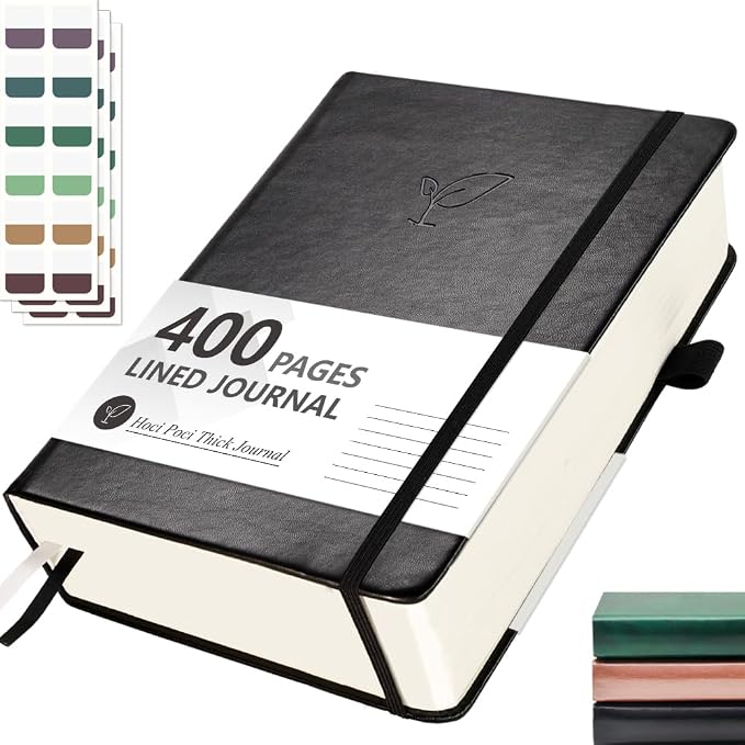 Hoci Poci 400 Pages Lined Journal Notebook, 5.8" x 8.4", Black | Thick Journal for Writing, A5 Hardcover Leather Notebook with 100Gsm College Ruled Paper for Women Men Work Note taking