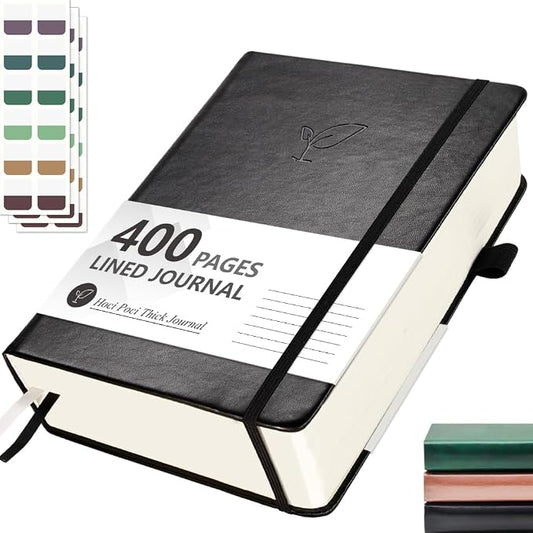 Hoci Poci 400 Pages Lined Journal Notebook, 5.8" x 8.4", Black | Thick Journal for Writing, A5 Hardcover Leather Notebook with 100Gsm College Ruled Paper for Women Men Work Note taking