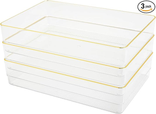 Martha Stewart Kerry Plastic Stackable Office Desk Drawer Organizers, 9" x 6", 3 Pack, with Gold Trim