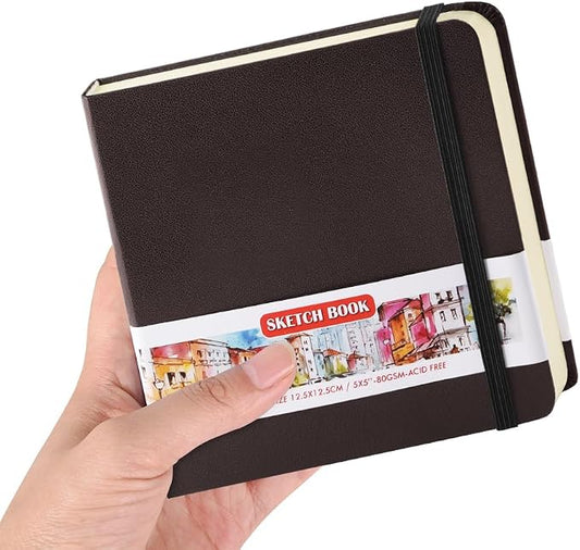 5x5" Pocket Sketch Book,80gsm Hardcover Art Sketchbook for Drawing Journal | PU Cover,Blank Paper,96Sheets/192Pages,Lay-Flat,Portable Travel Creation Paint Diary Memo Planner,Dry Media.Dark Brown