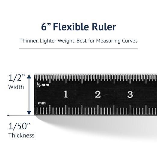 PEC Tools 150mm Flexible Metal Ruler, Stainless Steel with Black Chrome Finish, High Contrast, Fully Metric Graduation (0.5mm, 1.0mm), Easy to Read Machinist Rule, Made in USA