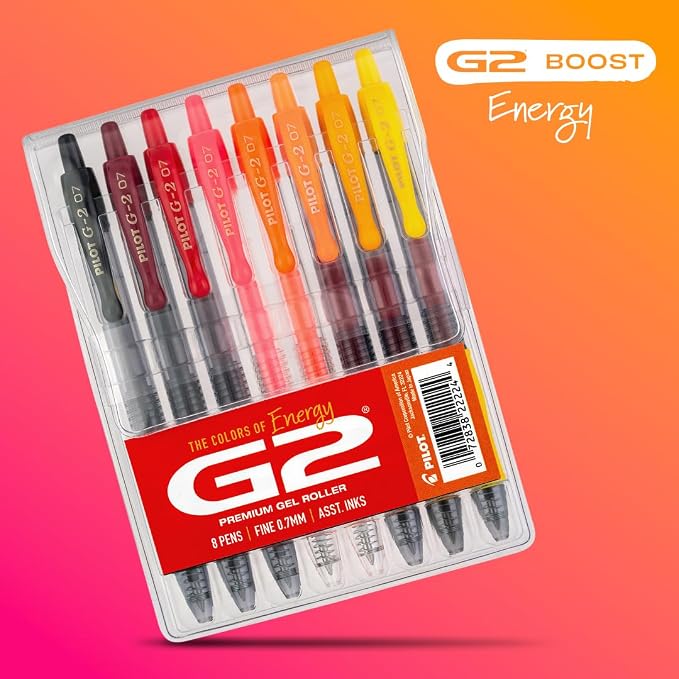 Pilot G2 Premium Gel Roller Pens, G2 Boost Red Pens Pack, The Colors of Energy, 8 Pack Pouch, Fine Point 0.7 mm, Assorted